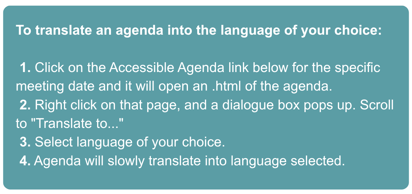 English instructions explaining how to translate an agenda into a chosen language. It lists four steps involving clicking an accessible agenda link, right-clicking to open a dialog box, selecting a language, and gradual translation of the agenda