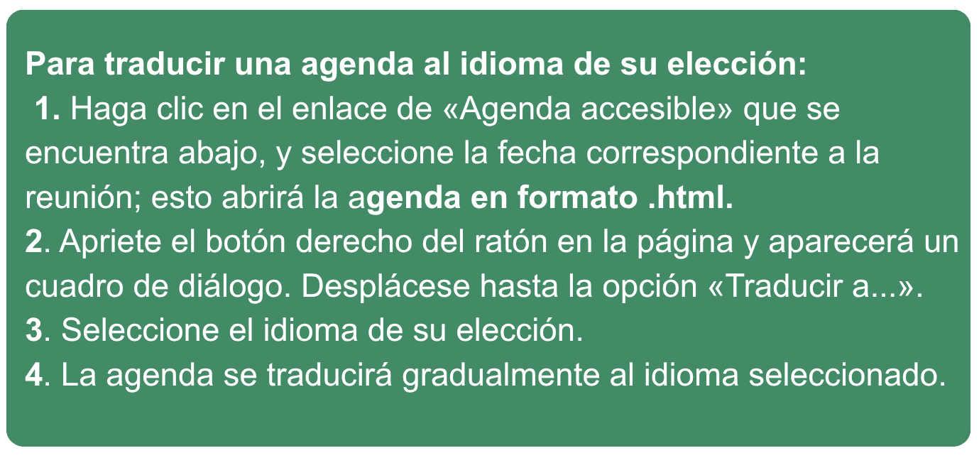 Spanish Instructions explaining how to translate an agenda into a chosen language. It lists four steps involving clicking an accessible agenda link, right-clicking to open a dialog box, selecting a language, and gradual translation of the agenda